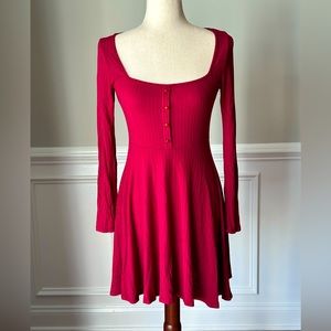 Lulus Alondra Berry Red Long Sleeve Skater Dress size Small